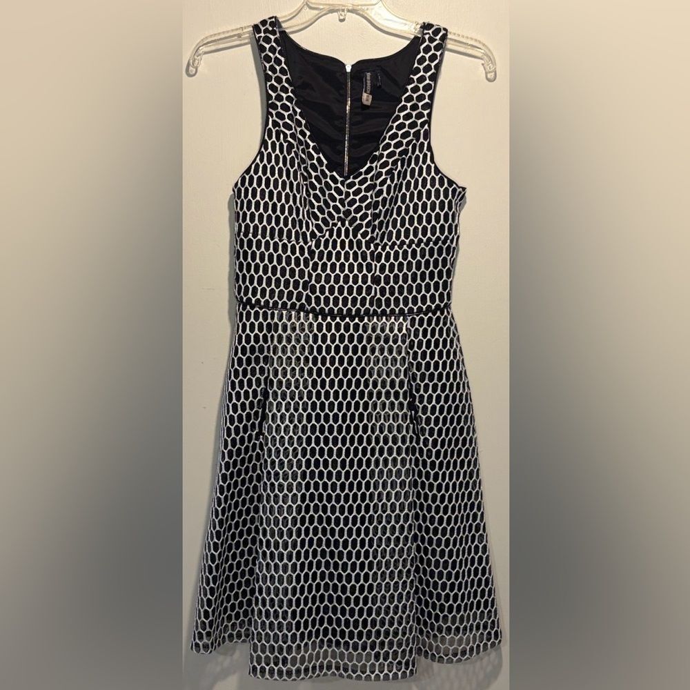 Yoana Baraschi Blue Black White Mesh Overlay Racerback Fit Flare Dress Size 2